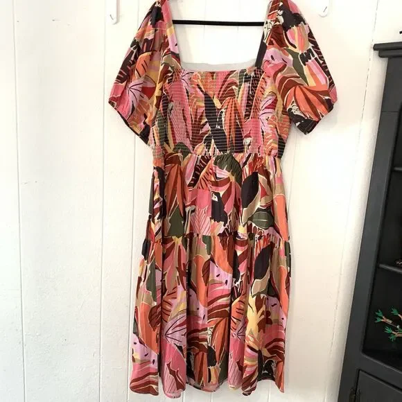 Crystal Sky Womens 3XL Dress Peasant Puff Sleeve Parrot Beachy Tropical Midi NEW - Picture 7 of 12